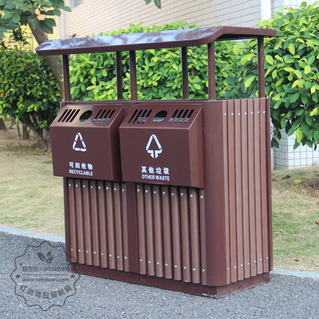 景區進口樟木分類鋼木垃圾桶圖片002