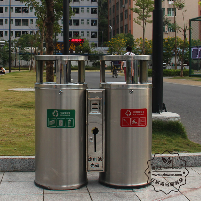 圓柱形戶外雙分類不銹鋼垃圾桶圖片001