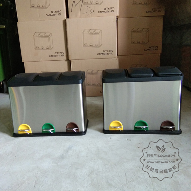 室內(nèi)客房三分類不銹鋼腳踏式垃圾桶圖片005